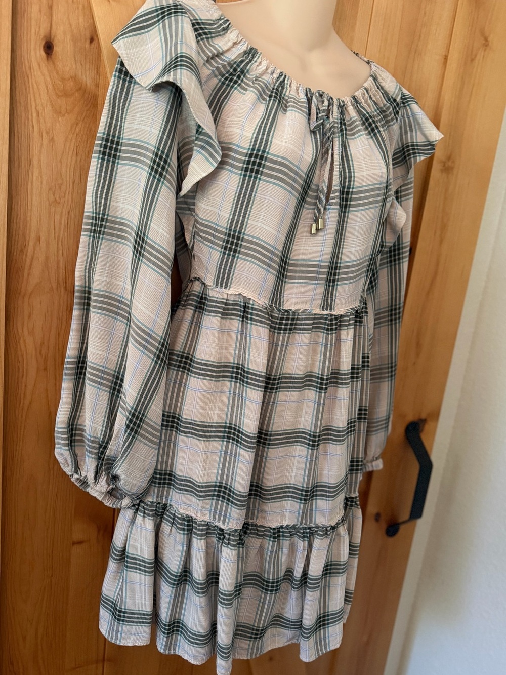Ephemera XS/S Green Cream Plaid Cottagecore Prairie Mini Dress Cotton Blend Boho - Picture 6 of 15